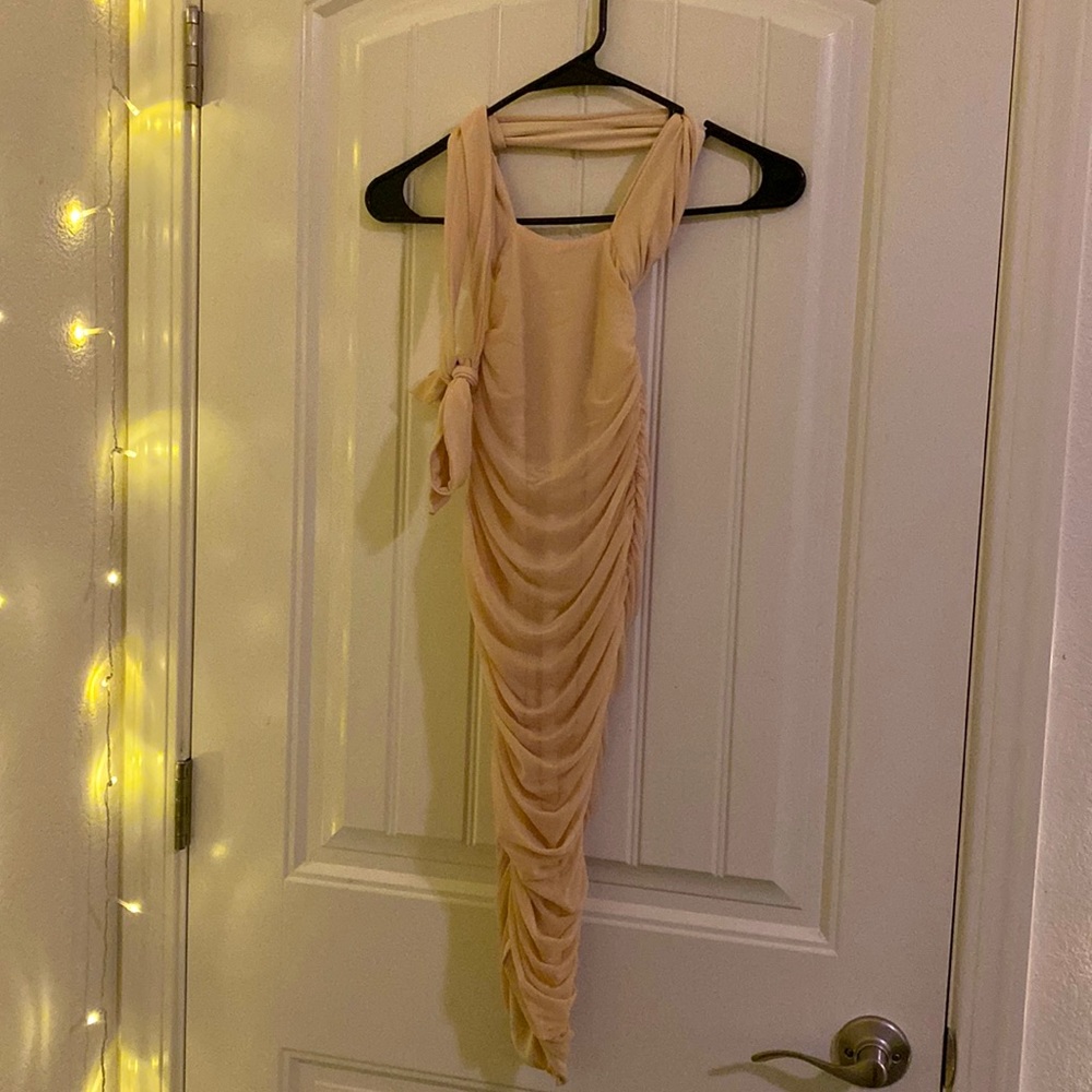 Oh Polly Cut Out Ruched Asymmetrical Midi Dress in Beige/Cream